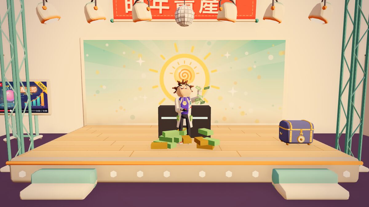 遊戲畫面：怪博士站在「明年量產！」的舞台上，旁邊堆著鈔票。